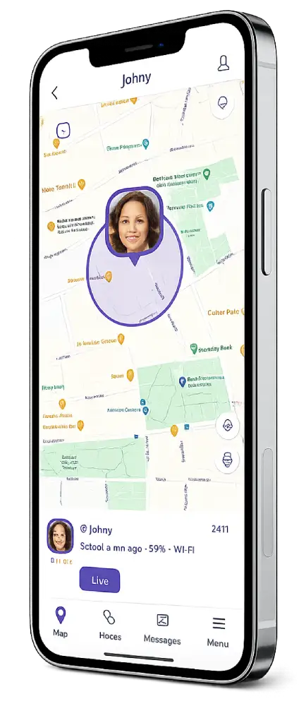 The Findee Kids app on a phone, showing a child's live location on the map
